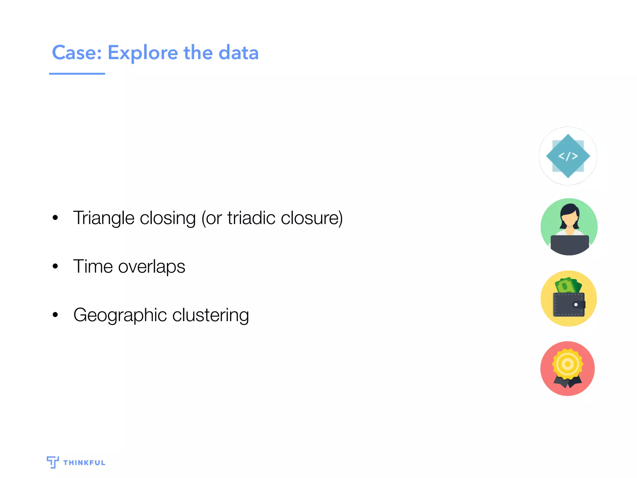 Case: Explore the data
• Triangle closing (or triadic closure)
• Time overlaps
• Geographic clustering
 