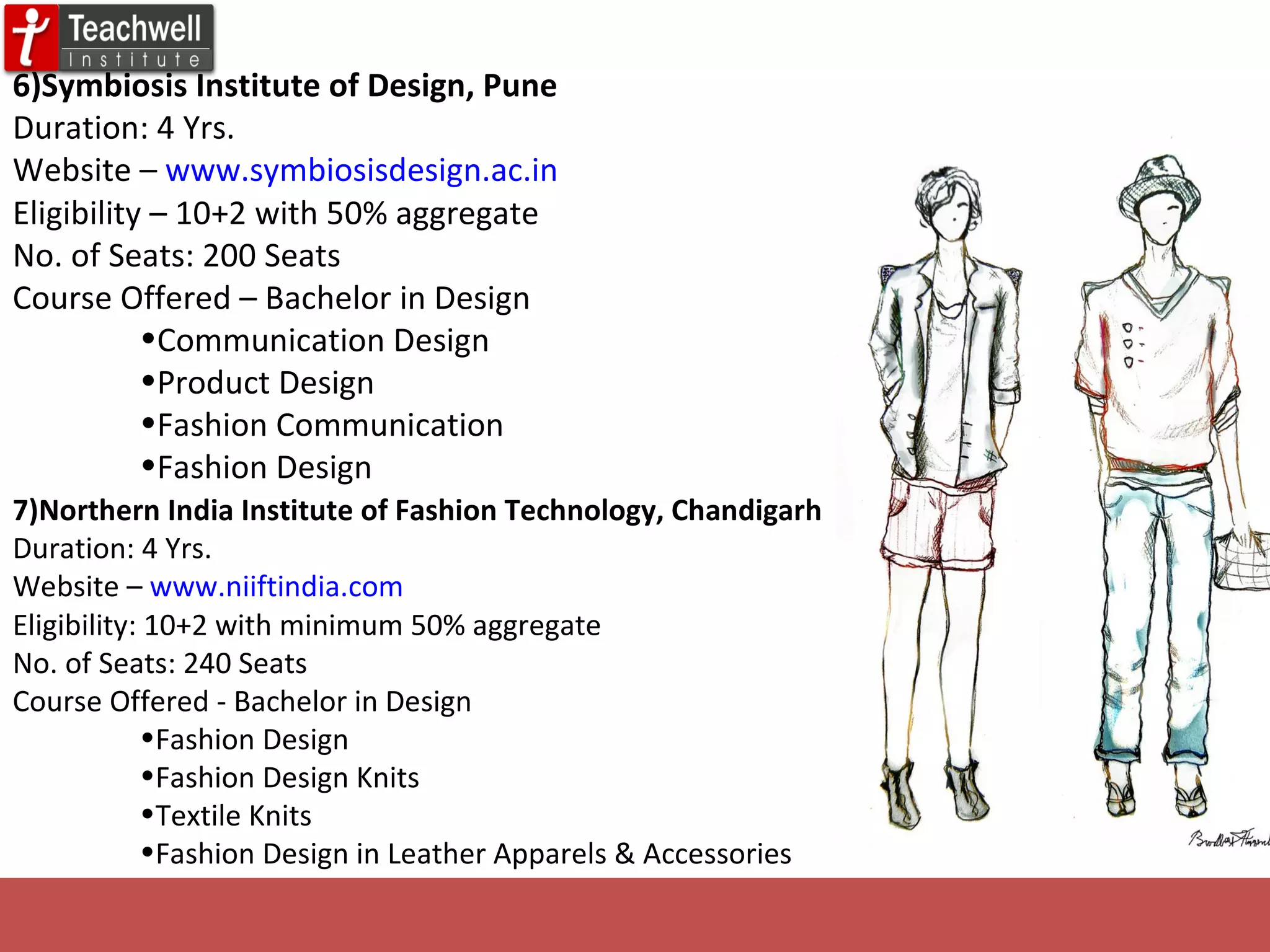 6)Symbiosis Institute of Design, Pune   Duration: 4 Yrs. Website –  www.symbiosisdesign.ac.in Eligibility – 10+2 with 50% aggregate No. of Seats: 200 Seats Course Offered – Bachelor in Design Communication Design Product Design Fashion Communication Fashion Design 7)Northern India Institute of Fashion Technology, Chandigarh Duration: 4 Yrs. Website –  www.niiftindia.com Eligibility: 10+2 with minimum 50% aggregate No. of Seats: 240 Seats Course Offered - Bachelor in Design Fashion Design Fashion Design Knits Textile Knits Fashion Design in Leather Apparels & Accessories 