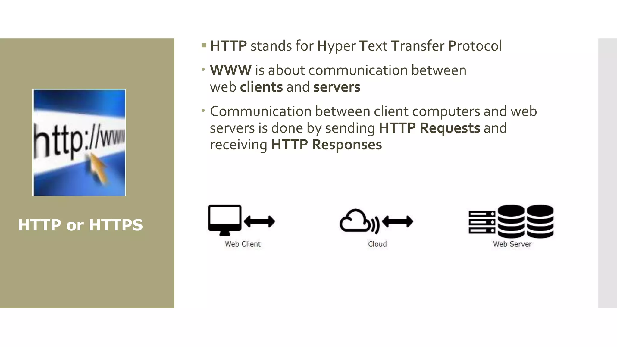 HTTP or HTTPS
HTTP stands for Hyper Text Transfer Protocol
 WWW is about communication between
web clients and servers
 Communication between client computers and web
servers is done by sending HTTP Requests and
receiving HTTP Responses
 