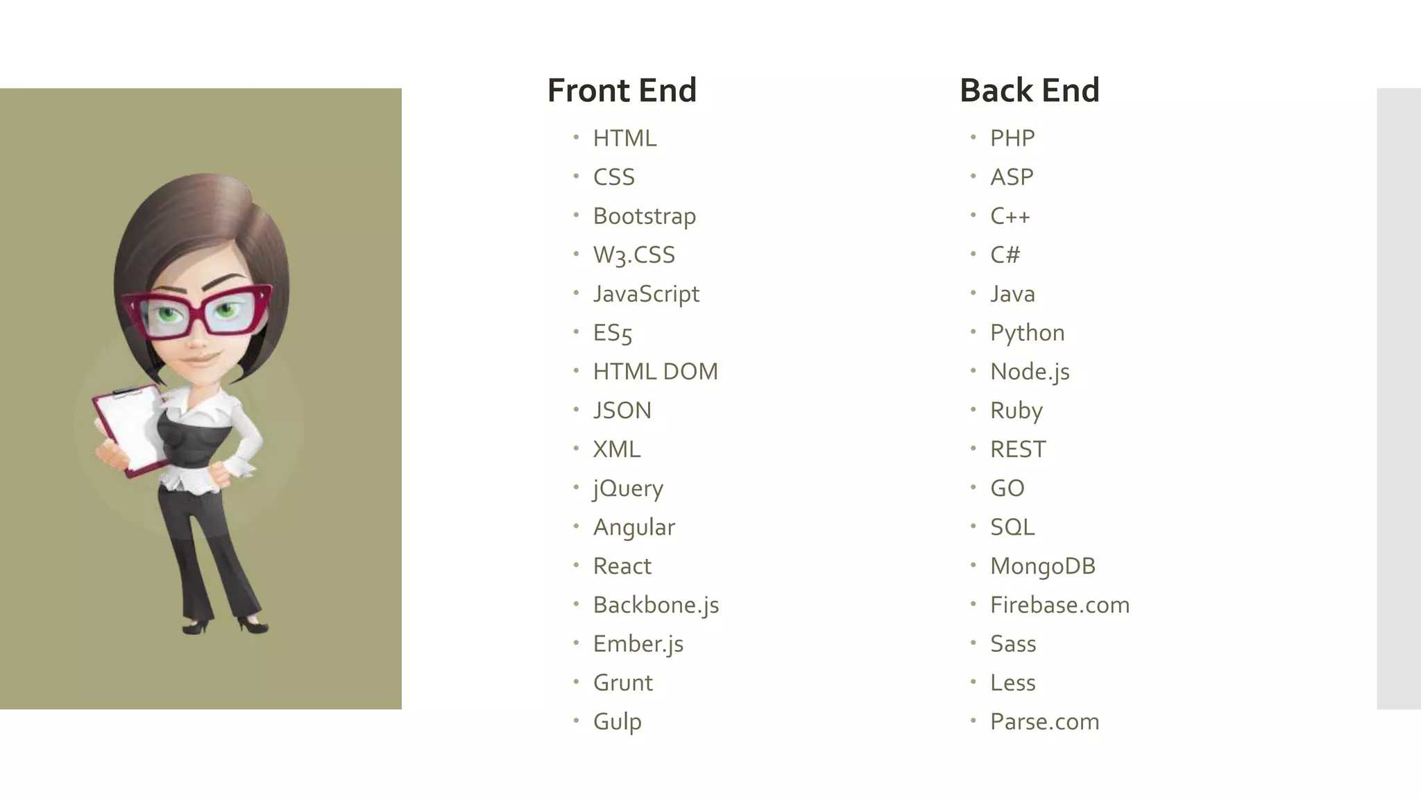 HTML
 CSS
 Bootstrap
 W3.CSS
 JavaScript
 ES5
 HTML DOM
 JSON
 XML
 jQuery
 Angular
 React
 Backbone.js
 Ember.js
 Grunt
 Gulp
Front End
 PHP
 ASP
 C++
 C#
 Java
 Python
 Node.js
 Ruby
 REST
 GO
 SQL
 MongoDB
 Firebase.com
 Sass
 Less
 Parse.com
Back End
 