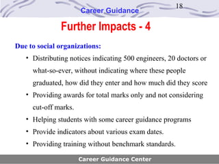 18
                      Career Guidance

               Further Impacts - 4
Due to social organizations:
   • Distributing notices indicating 500 engineers, 20 doctors or
     what-so-ever, without indicating where these people
     graduated, how did they enter and how much did they score
   • Providing awards for total marks only and not considering
     cut-off marks.
   • Helping students with some career guidance programs
   • Provide indicators about various exam dates.
   • Providing training without benchmark standards.

                      Career Guidance Center
 