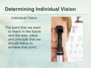 Determining Individual Vision Individual Vision The point that we want to reach in the future and the way, value and principle that we should fallow to achieve that point. 