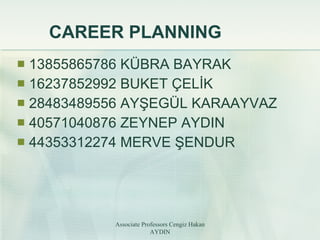CAREER PLANNING 13855865786 KÜBRA BAYRAK  16237852992 BUKET ÇELİK  28483489556 AYŞEGÜL KARAAYVAZ  40571040876 ZEYNEP AYDIN  44353312274 MERVE ŞENDUR  Associate Professors Cengiz Hakan AYDIN 