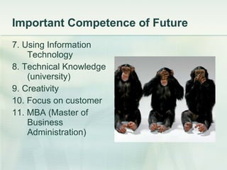 Important Competence of Future 7. Using Information Technology 8. Technical Knowledge (university) 9. Creativity 10. Focus on customer 11. MBA (Master of Business Administration) 
