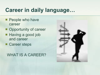 Career in daily language… People who have career Opportunity of career Having a good job and career Career steps WHAT IS A CAREER? 