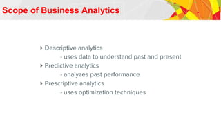 Scope of Business Analytics
 Descriptive analytics
- uses data to understand past and present
 Predictive analytics
- analyzes past performance
 Prescriptive analytics
- uses optimization techniques
 