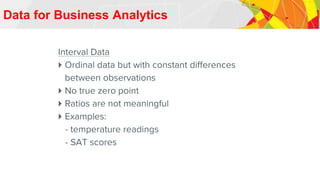 Data for Business Analytics
Interval Data
 Ordinal data but with constant differences
between observations
 No true zero point
 Ratios are not meaningful
 Examples:
- temperature readings
- SAT scores
 