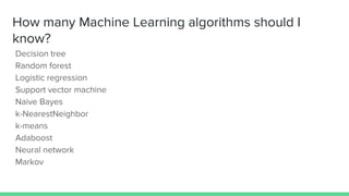 How many Machine Learning algorithms should I
know?
Decision tree
Random forest
Logistic regression
Support vector machine
Naive Bayes
k-NearestNeighbor
k-means
Adaboost
Neural network
Markov
 
