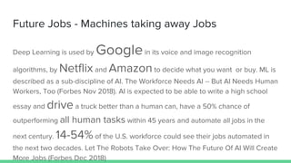 Future Jobs - Machines taking away Jobs
Deep Learning is used by Googlein its voice and image recognition
algorithms, by Netflix and Amazon to decide what you want or buy. ML is
described as a sub-discipline of AI. The Workforce Needs AI -- But AI Needs Human
Workers, Too (Forbes Nov 2018). AI is expected to be able to write a high school
essay and drive a truck better than a human can, have a 50% chance of
outperforming all human tasks within 45 years and automate all jobs in the
next century. 14-54%of the U.S. workforce could see their jobs automated in
the next two decades. Let The Robots Take Over: How The Future Of AI Will Create
More Jobs (Forbes Dec 2018)
 