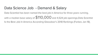 Data Science Job - Demand & Salary
Data Scientist has been named the best job in America for three years running,
with a median base salary of $110,000and 4,524 job openings.Data Scientist
Is the Best Job In America According Glassdoor's 2018 Rankings (Forbes Jan 18).
 
