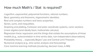 How much Math's / Stat is required?
Logarithm, exponential, polynomial functions, rational numbers.
Basic geometry and theorems, trigonometric identities.
Real and complex numbers and basic properties.
Series, sums, and inequalities.
Graphing and plotting, Cartesian and polar coordinate systems, conic sections.
Linear algebra (and ideally basic multivariate calculus)
Regression linear regression and the things that violate the assumptions of linear
models (e.g., autocorrelation in time series data, non-independent observations)
Probability theory ... especially Bayes' Law and Central Limit Theorem
Numerical analysis (e.g., time series analysis and forecasting)
Core machine learning methods (clustering, decision trees, k-NN)
 