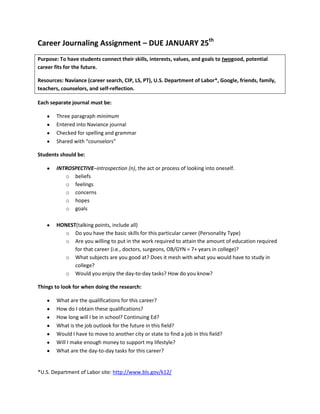 Career Journaling Assignment – DUE JANUARY 25th
Purpose: To have students connect their skills, interests, values, and goals to twogood, potential
career fits for the future.

Resources: Naviance (career search, CIP, LS, PT), U.S. Department of Labor*, Google, friends, family,
teachers, counselors, and self-reflection.

Each separate journal must be:

        Three paragraph minimum
        Entered into Naviance journal
        Checked for spelling and grammar
        Shared with “counselors”

Students should be:

        INTROSPECTIVE–introspection (n), the act or process of looking into oneself.
           o beliefs
           o feelings
           o concerns
           o hopes
           o goals

        HONEST(talking points, include all)
          o Do you have the basic skills for this particular career (Personality Type)
          o Are you willing to put in the work required to attain the amount of education required
              for that career (i.e., doctors, surgeons, OB/GYN = 7+ years in college)?
          o What subjects are you good at? Does it mesh with what you would have to study in
              college?
          o Would you enjoy the day-to-day tasks? How do you know?

Things to look for when doing the research:

        What are the qualifications for this career?
        How do I obtain these qualifications?
        How long will I be in school? Continuing Ed?
        What is the job outlook for the future in this field?
        Would I have to move to another city or state to find a job in this field?
        Will I make enough money to support my lifestyle?
        What are the day-to-day tasks for this career?


*U.S. Department of Labor site: http://www.bls.gov/k12/
 