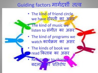 Guiding factors मािादशी िति
• The kind of friend circle
we have दोस्िी का असर
• The kind of music we
listen to सींिीि का असर
• The kind of programs we
watch कायाक्रम का असर
• The kinds of book we
read ककिाब का असर
• Resistance to change
बदलाि का प्रतिरोध
 