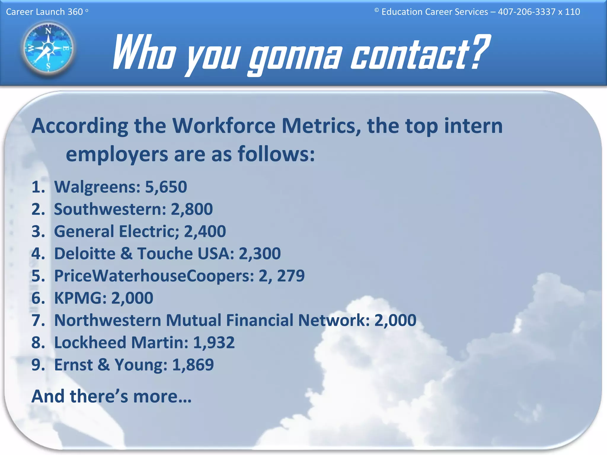 Who you gonna contact? According the Workforce Metrics, the top intern employers are as follows: 1.  Walgreens: 5,650 2.  Southwestern: 2,800 3.  General Electric; 2,400 4.  Deloitte & Touche USA: 2,300 5.  PriceWaterhouseCoopers: 2, 279 6.  KPMG: 2,000 7.  Northwestern Mutual Financial Network: 2,000 8.  Lockheed Martin: 1,932 9.  Ernst & Young: 1,869 And there’s more… 