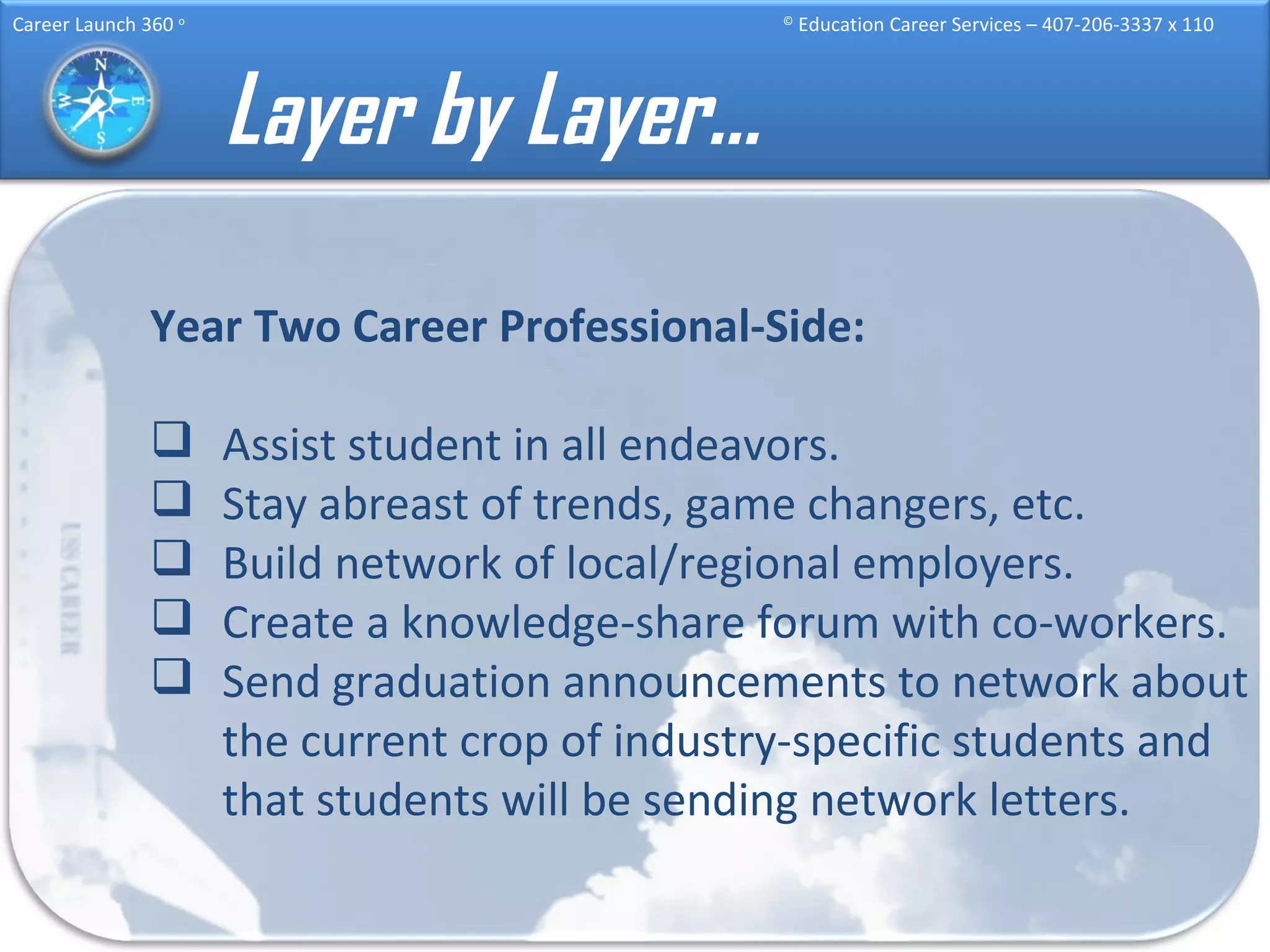 Layer by Layer… Year Two Career Professional-Side: Assist student in all endeavors. Stay abreast of trends, game changers, etc.  Build network of local/regional employers. Create a knowledge-share forum with co-workers. Send graduation announcements to network about the current crop of industry-specific students and that students will be sending network letters. 
