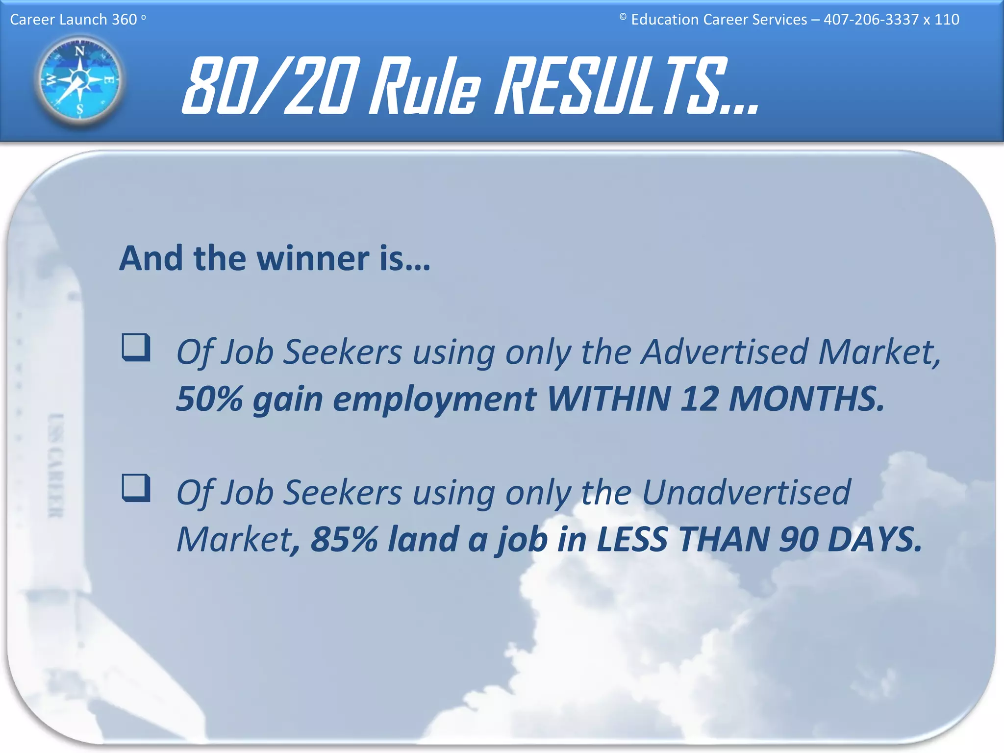 80/20 Rule RESULTS… And the winner is… Of Job Seekers using only the Advertised Market,  50% gain employment WITHIN 12 MONTHS. Of Job Seekers using only the Unadvertised   Market , 85% land a job in LESS THAN 90 DAYS. 