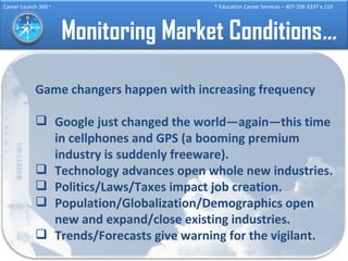 Monitoring Market Conditions … Game changers happen with increasing frequency Google just changed the world—again—this time in cellphones and GPS (a booming premium industry is suddenly freeware). Technology advances open whole new industries. Politics/Laws/Taxes impact job creation. Population/Globalization/Demographics open new and expand/close existing industries. Trends/Forecasts give warning for the vigilant. 