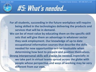 #5: What’s needed… For all students, succeeding in the future workplace will require being skilled in the technologies delivering the products and services that will be in demand. We can be of most value by educating them on the specific skill sets that will give them an advantage in whatever sector they seek employment. Our knowledge of up to date occupational information sources that describe the skills needed for new opportunities will be invaluable when determining how best to prepare and position themselves. Strong interpersonal skills will always be needed , especially as we take part in virtual teams spread across the globe with people whose perspective and ways of working may be very different from our own. 