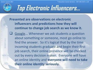 Top Electronic Influencers… Presented are observations on electronic influencers and predictions how they will continue to change job search as we know it. Google ... Whenever we ask students a question about something or someone, most go online to find the answer.  So it’s logical that by the time incoming students graduate and begin their first job search, their online presence will be checked out by every decision maker.  Everyone will have an online identity and  everyone will need to take their online identity seriously. 