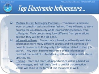 Top Electronic Influencers… Multiple Instant Messaging Platforms ... Tomorrow's employee won't accomplish tasks in a linear fashion.  They will need to work on projects simultaneously while incorporating feedback from colleagues.  Their process may look different from generations past but they will get the job done. Information Banks ... Tomorrow's job seeker will easily assimilate information from many different sources and will combine all possible resources to find quality information related to their job search.  They won't become frustrated by the information overload that most of us feel dealing with constant emails, status updates, etc. Texting ... more and more job opportunities will be pitched via text messages, and I will be so bold to predict that rejection letters will come in the form of text messages as well. 