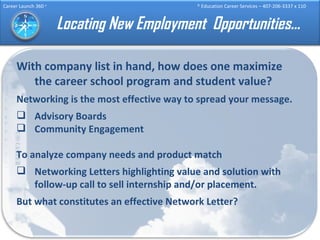 Locating New Employment  Opportunities… With company list in hand, how does one maximize the career school program and student value? Networking is the most effective way to spread your message. Advisory Boards Community Engagement To analyze company needs and product match Networking Letters highlighting value and solution with follow-up call to sell internship and/or placement. But what constitutes an effective Network Letter? 