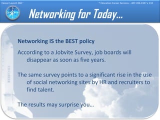 Networking for Today… Networking IS the BEST policy According to a Jobvite Survey, job boards will disappear as soon as five years.  The same survey points to a significant rise in the use of social networking sites by HR and recruiters to find talent.  The results may surprise you… 