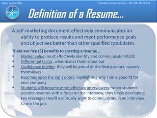 Definition of a Resume… A self-marketing document effectively communicates an ability to produce results and meet performance goals and objectives better than other qualified candidates. There are five (5) benefits to creating a resume… Market value : must effectively identify and communicate VALUE  Differential factor : what makes them stand out Confidence builder : they will be proud of the final product, namely themselves Resumes open the right doors : highlighting why I am a good fit for your company Students will become more effective interviewers : when students possess resumes with a focus on the interview, they begin developing key messages they’ll eventually want to communicate in an interview to win the job. 