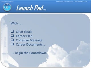 Launch Pad… With…. Clear Goals Career Plan Cohesive Message Career Documents… … . Begin the Countdown… 