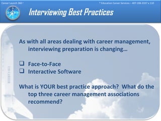 Interviewing Best Practices As with all areas dealing with career management, interviewing preparation is changing… Face-to-Face Interactive Software  What is YOUR best practice approach?  What do the top three career management associations recommend?  