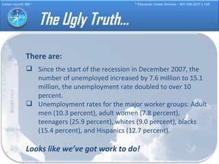 The Ugly Truth… There are: Since the start of the recession in December 2007, the number of unemployed increased by 7.6 million to 15.1 million, the unemployment rate doubled to over 10 percent.  Unemployment rates for the major worker groups: Adult men (10.3 percent), adult women (7.8 percent), teenagers (25.9 percent), whites (9.0 percent), blacks (15.4 percent), and Hispanics (12.7 percent). Looks like we’ve got work to do! 