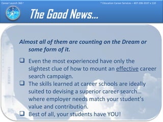 The Good News… Almost all of them are counting on the Dream or some form of it. Even the most experienced have only the slightest clue of how to mount an  effective  career search campaign. The skills learned at career schools are ideally suited to devising a superior career search…where employer needs match your student’s value and contribution. Best of all, your students have YOU! 