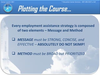 Plotting the Course… Every employment assistance strategy is composed of two elements – Message and Method MESSAGE  must be STRONG, CONCISE, and EFFECTIVE –  ABSOLUTELY DO NOT SKIMP! METHOD  must be BROAD but PRIORITIZED. 