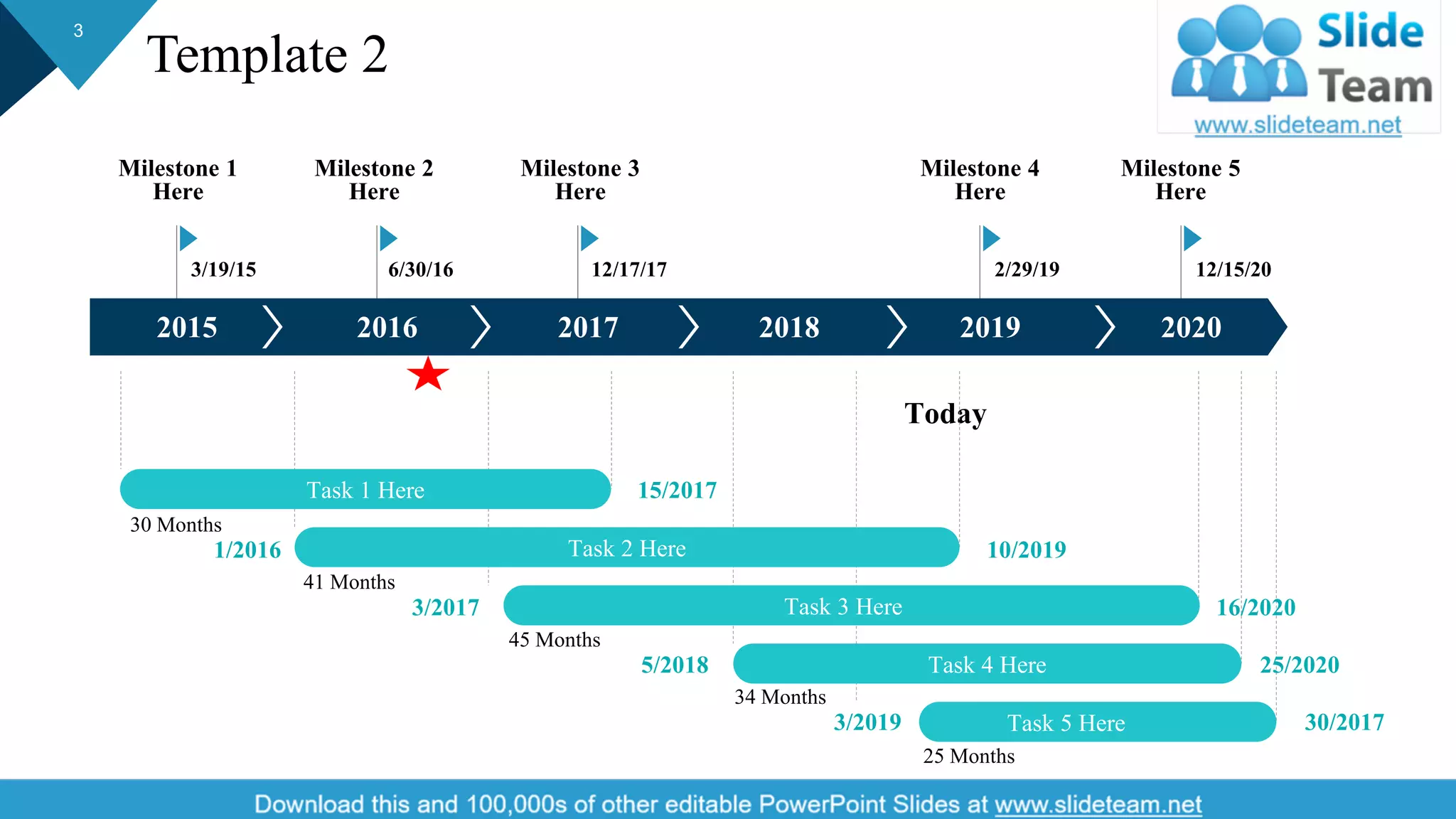 Milestone 5
Here
12/15/20
Milestone 4
Here
2/29/19
Milestone 3
Here
12/17/17
Milestone 2
Here
6/30/16
Milestone 1
Here
3/19/15
Template 2
2015 2016 2017 2018 2019 2020
Today
3/2015 Task 1 Here 15/2017
1/2016 Task 2 Here 10/2019
3/2017 Task 3 Here 16/2020
Task 4 Here5/2018 25/2020
Task 5 Here3/2019 30/2017
30 Months
41 Months
45 Months
34 Months
25 Months
This slide is 100% editable. Adapt it to your needs and capture your audience's attention.
3
 