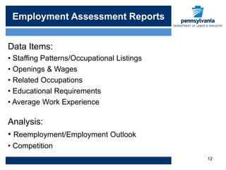 Employment Assessment Reports


Data Items:
• Staffing Patterns/Occupational Listings
• Openings & Wages
• Related Occupations
• Educational Requirements
• Average Work Experience

Analysis:
• Reemployment/Employment Outlook
• Competition
                                            12
 