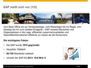 ©2014 SAP SE or an SAP affiliate company. All rights reserved. 
2 
Public 
SAP stellt sich vor (1/2) 
Vom Back Office bis zur Vorstandsetage, vom Warenlager bis ins Regal, vom Desktop bis hin zum mobilen Endgerät – SAP versetzt Menschen und Organisationen in die Lage, effizienter zusammenzuarbeiten und Geschäftsinformationen effektiver zu nutzen als die Konkurrenz. Die wichtigsten Fakten 
•Die SAP wurde 1972 gegründet 
•Hauptsitz: Walldorf 
•66.750 Mitarbeiter weltweit 
•Umsatz der SAP AG 2013: 16,9 Mrd. €  