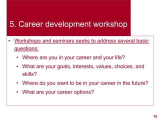 15visit: www.exploreHR.org
5. Career development workshop
• Workshops and seminars seeks to address several basic
questions:
• Where are you in your career and your life?
• What are your goals, interests, values, choices, and
skills?
• Where do you want to be in your career in the future?
• What are your career options?
 