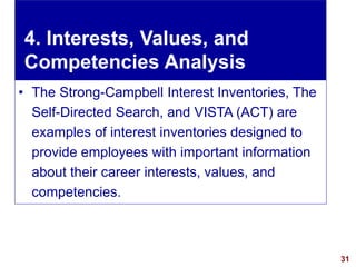 31visit: www.exploreHR.org
4. Interests, Values, and
Competencies Analysis
• The Strong-Campbell Interest Inventories, The
Self-Directed Search, and VISTA (ACT) are
examples of interest inventories designed to
provide employees with important information
about their career interests, values, and
competencies.
 