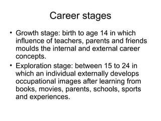 Career stages
• Growth stage: birth to age 14 in which
influence of teachers, parents and friends
moulds the internal and external career
concepts.
• Exploration stage: between 15 to 24 in
which an individual externally develops
occupational images after learning from
books, movies, parents, schools, sports
and experiences.
 