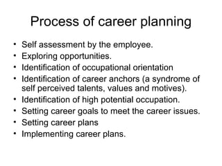Process of career planning
• Self assessment by the employee.
• Exploring opportunities.
• Identification of occupational orientation
• Identification of career anchors (a syndrome of
self perceived talents, values and motives).
• Identification of high potential occupation.
• Setting career goals to meet the career issues.
• Setting career plans
• Implementing career plans.
 