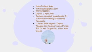 • Naila Farhani Azka
• farhaniazka@gmail.com
• 087782942803
• Depok, 2 April 2001
• Sedang mengikuti tugas belajar S1
di Fakultas Psikologi Universitas
Pancasila
• Lulusan SMA Negeri 1 Depok
• Anggota dari Karang Taruna Perisai
RW 01 Kel. Grogol Kec. Limo, Kota
Depok
 
