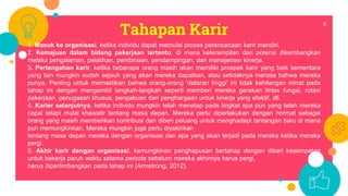 Tahapan Karir
6
1. Masuk ke organisasi, ketika individu dapat memulai proses perencanaan karir mandiri.
2. Kemajuan dalam bidang pekerjaan tertentu, di mana keterampilan dan potensi dikembangkan
melalui pengalaman, pelatihan, pembinaan, pendampingan, dan manajemen kinerja.
3. Pertengahan karir, ketika beberapa orang masih akan memiliki prospek karir yang baik sementara
yang lain mungkin sudah sejauh yang akan mereka dapatkan, atau setidaknya merasa bahwa mereka
punya. Penting untuk memastikan bahwa orang-orang 'dataran tinggi' ini tidak kehilangan minat pada
tahap ini dengan mengambil langkah-langkah seperti memberi mereka gerakan lintas fungsi, rotasi
pekerjaan, penugasan khusus, pengakuan dan penghargaan untuk kinerja yang efektif, dll.
4. Karier selanjutnya, ketika individu mungkin telah menetap pada tingkat apa pun yang telah mereka
capai tetapi mulai khawatir tentang masa depan. Mereka perlu diperlakukan dengan hormat sebagai
orang yang masih memberikan kontribusi dan diberi peluang untuk menghadapi tantangan baru di mana
pun memungkinkan. Mereka mungkin juga perlu diyakinkan
tentang masa depan mereka dengan organisasi dan apa yang akan terjadi pada mereka ketika mereka
pergi.
5. Akhir karir dengan organisasi, kemungkinan penghapusan bertahap dengan diberi kesempatan
untuk bekerja paruh waktu selama periode sebelum mereka akhirnya harus pergi,
harus dipertimbangkan pada tahap ini (Armstrong, 2012).
 