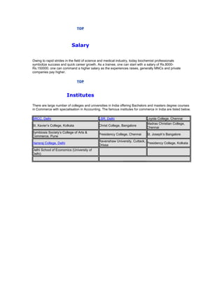 TOP

Salary
Owing to rapid strides in the field of science and medical industry, today biochemist professionals
symbolize success and quick career growth. As a trainee, one can start with a salary of Rs.8000Rs.150000. one can command a higher salary as the experiences raises, generally MNCs and private
companies pay higher.
TOP

Institutes
There are large number of colleges and universities in India offering Bachelors and masters degree courses
in Commerce with specialisation in Accounting. The famous institutes for commerce in India are listed below.
SRCC, Delhi

LSR, Delhi

Loyola College, Chennai

St. Xavier’s College, Kolkata

Christ College, Bangalore

Madras Christian College,
Chennai

Symbiosis Society’s College of Arts &
Commerce, Pune

Presidency College, Chennai

St. Joseph’s Bangalore

Hansraj College, Delhi

Ravenshaw University, Cuttack,
Presidency College, Kolkata
Orissa

Delhi School of Economics (University of
Delhi)
DOU21112007

 