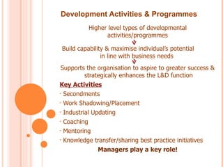 Development Activities & Programmes
          Higher level types of developmental
                activities/programmes

Build capability & maximise individual’s potential
               in line with business needs
 Supports the organisation to aspire to greater success &
          strategically enhances the L&D function
Key Activities
• Secondments

• Work Shadowing/Placement

• Industrial Updating

• Coaching

• Mentoring

• Knowledge transfer/sharing best practice initiatives

               Managers play a key role!
 