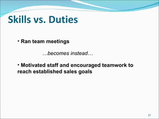 Skills vs. Duties Ran team meetings … becomes instead… Motivated staff and encouraged teamwork to reach established sales goals 