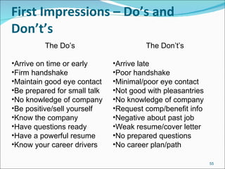 First Impressions – Do’s and Don’t’s The Don’t’s Arrive late Poor handshake Minimal/poor eye contact Not good with pleasantries No knowledge of company Request comp/benefit info Negative about past job Weak resume/cover letter No prepared questions No career plan/path The Do’s Arrive on time or early Firm handshake Maintain good eye contact Be prepared for small talk No knowledge of company Be positive/sell yourself Know the company Have questions ready Have a powerful resume Know your career drivers   