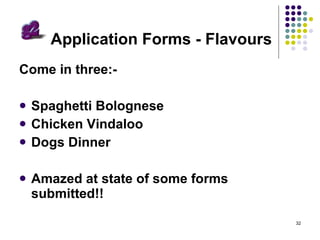 Application Forms - Flavours Come in three:- Spaghetti Bolognese Chicken Vindaloo Dogs Dinner Amazed at state of some forms submitted!! 