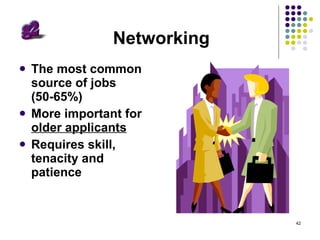 Networking The most common source of jobs (50-65%) More important for  older applicants Requires skill, tenacity and patience 