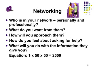 Networking Who is in your network – personally and professionally? What do you want from them? How will you approach them? How do you feel about asking for help? What will you do with the information they give you? Equation: 1 x 50 x 50 = 2500 