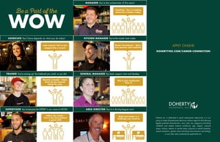 ASSOCIATE Your future depends on what you do today!
MANAGER You’re the orchestrator of this team!
TRAINER You’re moving up! You believed you could, so you did.
KITCHEN MANAGER You’re the master taste maker.
SUPERVISOR You’ve become the EXPERT in our vision to WOW! AREA DIRECTOR You’re in the big leagues now!
GENERAL MANAGER You lead, support, train and develop.
Doherty Inc. is dedicated to equal employment opportunity. It is our
policy to make all employment decisions without regard to the following
legally protected characteristics: race, color, sex, pregnancy (including
childbirth and related medical conditions), age, religion, national
origin, military, veteran or marital status, physical or mental disability,
sexual orientation, genetic status (including characteristics and testing),
or any other status protected by applicable law.
APPLY ONLINE
DOHERTYINC.COM/CAREER-CONNECTION
WOW
Be a Part of the
Look around. You’ve just
stepped into a career!
Become a Leader - Teach
them all you learned
along the way.
Recipe Connoisseur - Share
your passion and creativity.
This is your restaurant.
Own it.
Multi-unit leader is a
challenge you excel at.
Follow the Leader -
You’re the force behind
a great shift.
Coaching - You’re creating
tomorrow’s leaders today.
 
