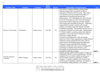 3
2601 Main Street #850 | Irvine, CA 92614
Office: 949-250-1600 | Fax: 949-250-1180
website: www.AllianceResourceGroup.com
Position Title Industry Location
Base
Salary Bonus Description / Requirements Date
Director of Accounting Confidential Orange County 140-150k Yes
Our client is a highly profitable, private equity-
backed company that is poised for an IPO or
transaction within the next few years. They offer a
very dynamic work environment with plenty of
opportunities for professional growth and
advancement. This challenging role reports directly
to the VP of Finance and will oversee all technical
accounting, financial reporting, accounts payable,
fixed assets and consolidation functions. Additional
responsibilities include working with external
auditors, providing acquisition support, and bank
compliance reporting. This position will also be on a
Corporate Controller succession plan. Requirements:
*A blend of public accounting and private industry
experience. Prior experience working for a Big 4
CPA firm is highly desired.
*Experience managing day to day accounting
functions within a large organization is highly desired
*Requires strong managerial skills with a proven
track record in developing high performing teams
*Requires strong leadership skills including
experience interfacing with executive management,
executing on company-wide initiatives, and
developing strong partnerships with all functional
disciplines within the company. 6/2013
Assistant Corporate
Controller
Public Company Orange County 110-130k Yes
Rapidly growing, publicly traded company is seeking an
experienced CPA for a newly created position. The ideal
candidate will have a blend of public accounting and
private industry experience, preferably in a public
company. To qualify, candidates must have prior SEC
reporting and consolidations experience. Knowledge of
JV accounting is highly preferred. CPA required. 8/2013
 